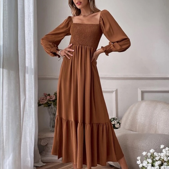 Boho brown shirted ruffle hem flounce sleeve maxi dress - Picture 6 of 14